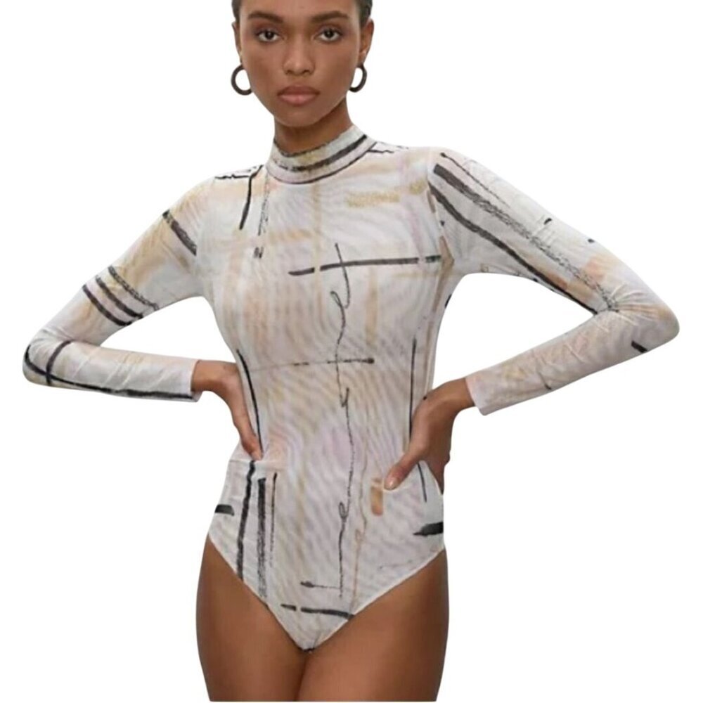 Aritzia Babaton Parlay Bodysuit Mockneck Sheer snap Closure Size XS